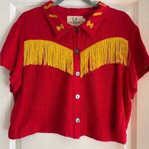 Fashion Brand Company Red and Yellow Button Down Shirt with Fringe